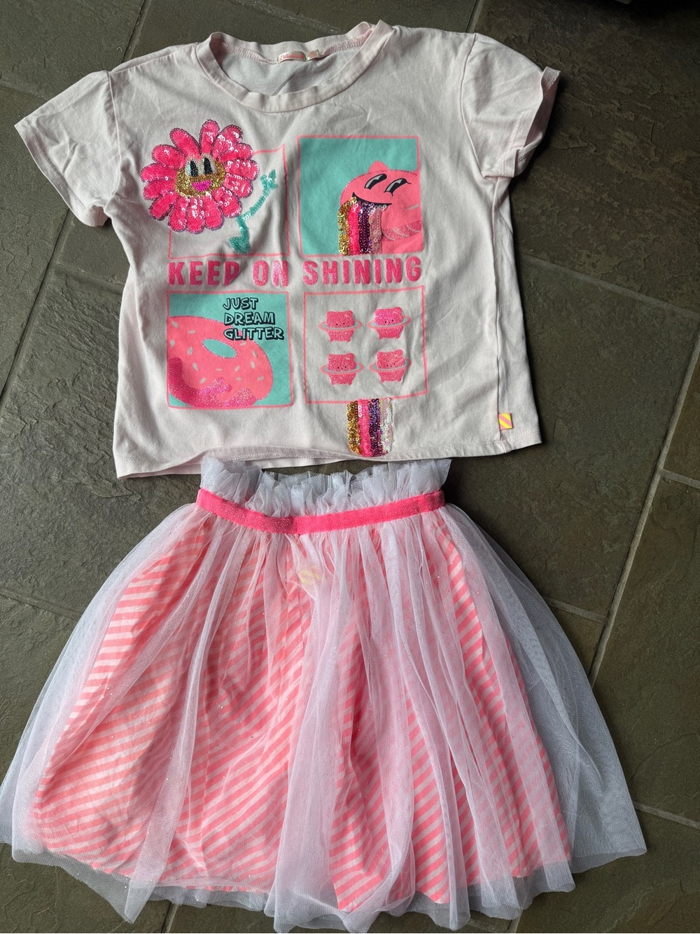 Billieblush Pink Glitter Graphic Tee & Pink Striped Tulle Skirt Set 8 10